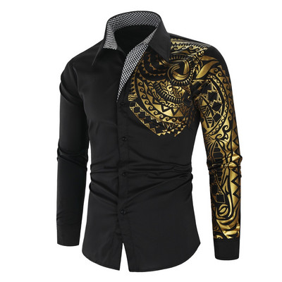 Луксозна златисто черна риза Мъжка нова теснина с дълъг ръкав Camisa Masculina Gold Black Chemise Homme Social Men Club Абитуриентска риза