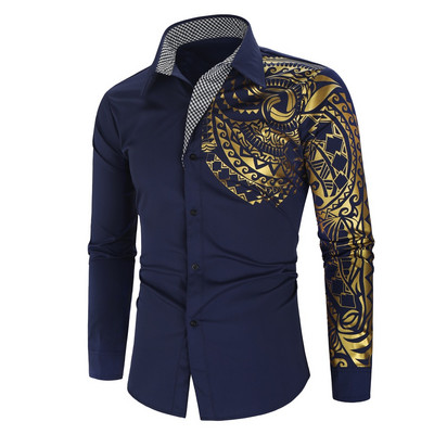 Луксозна златисто черна риза Мъжка нова теснина с дълъг ръкав Camisa Masculina Gold Black Chemise Homme Social Men Club Абитуриентска риза
