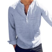 Helisopuse puuvillane pikkade varrukatega meeste särk Sügistriibuline Slim Fit Stand kaelusega särk Meeste riided Plus suurus 5XL Camisa Masculina