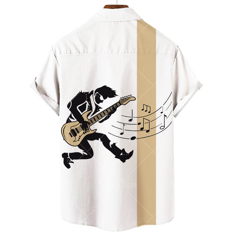 Hawaii férfi ing 3D Harajuku gitár Jazz nyomtatott felsők V-nyakú alkalmi blúzok Divat pólók Gombos felfelé rövid ujjú pop ing férfi