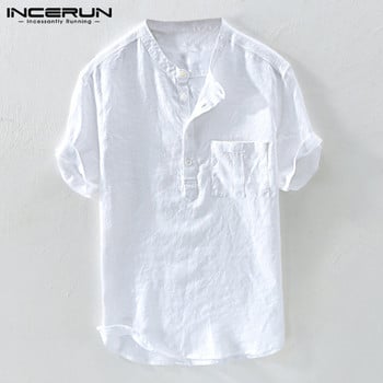 INCERUN Summer Casual Ανδρικά πουκάμισα με γιακά Μασίφ βαμβακερή μπλούζα κοντό μανίκι Streetwear Μάρκα πουκάμισα Harajuku Camisas Hombre