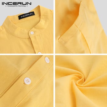 INCERUN Summer Casual Ανδρικά πουκάμισα με γιακά Μασίφ βαμβακερή μπλούζα κοντό μανίκι Streetwear Μάρκα πουκάμισα Harajuku Camisas Hombre