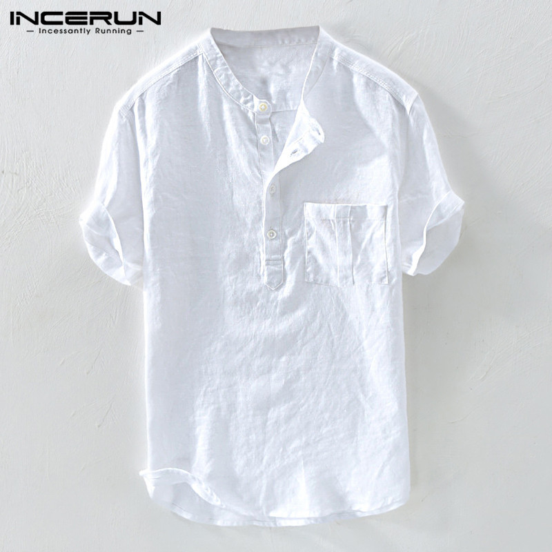 INCERUN nyári alkalmi férfi ingek álló gallér tömör pamut blúz rövid ujjú utcai ruházat márka ingek Harajuku Camisas Hombre