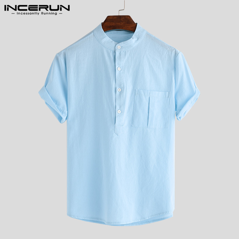 INCERUN nyári alkalmi férfi ingek álló gallér tömör pamut blúz rövid ujjú utcai ruházat márka ingek Harajuku Camisas Hombre