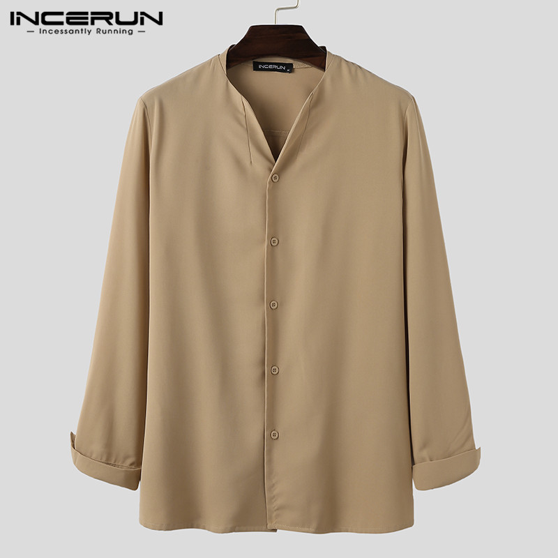 2022 m. madingi vyriški prekės ženklo marškiniai vienspalviai ilgomis rankovėmis V kaklo sagomis Prašmatni gatvės apranga Laisvalaikio palaidinė Korėjietiško stiliaus marškiniai Camisas INCERUN