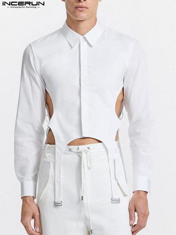 INCERUN Cămașă de modă pentru bărbați, cu rever, cu mânecă lungă, scobită, îmbrăcăminte sexy pentru bărbați, 2022, îmbrăcăminte de stradă, cu butoane, pentru petrecere, cămăși neregulate casual