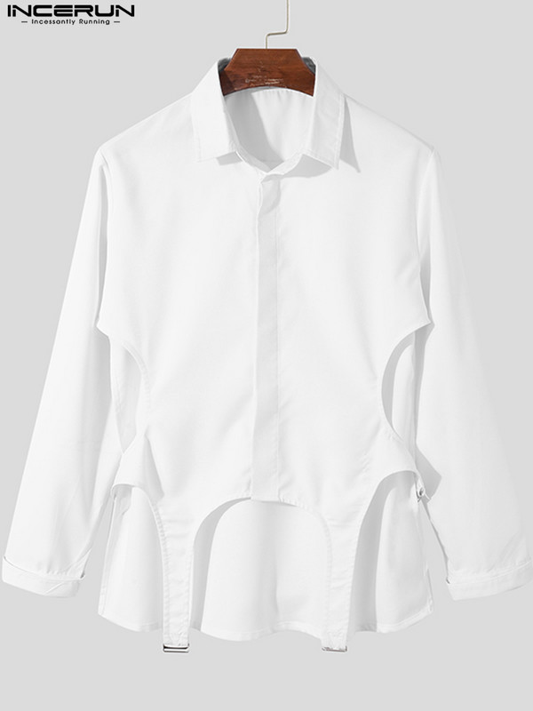 INCERUN Cămașă de modă pentru bărbați, cu rever, cu mânecă lungă, scobită, îmbrăcăminte sexy pentru bărbați, 2022, îmbrăcăminte de stradă, cu butoane, pentru petrecere, cămăși neregulate casual