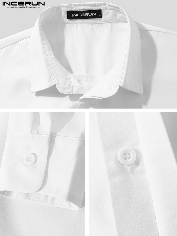 INCERUN Cămașă de modă pentru bărbați, cu rever, cu mânecă lungă, scobită, îmbrăcăminte sexy pentru bărbați, 2022, îmbrăcăminte de stradă, cu butoane, pentru petrecere, cămăși neregulate casual