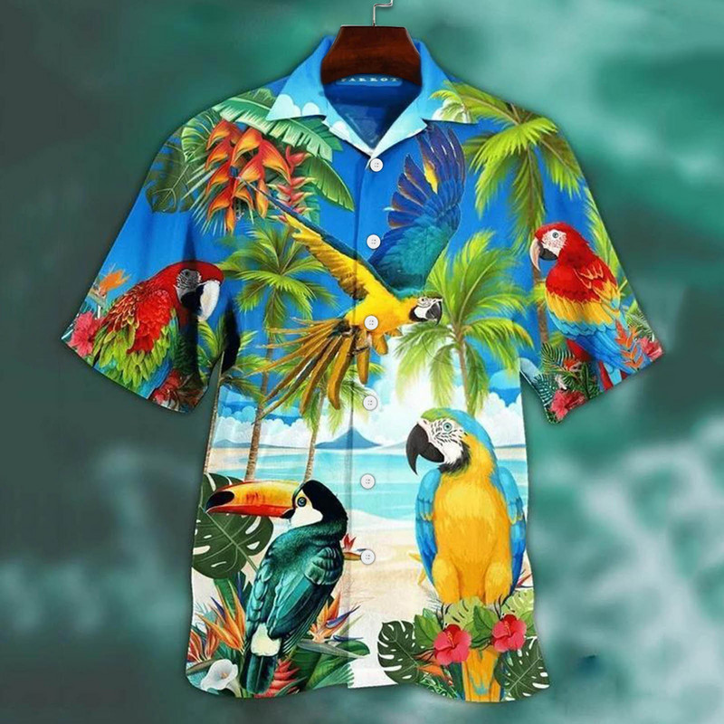 Állatpapagájmintás Patchwork Divat Hawaii Férfi ing Cool Turn Down gallérral Rövid ujjú Utcai ruházat Beach Nyári Chic 2022 3