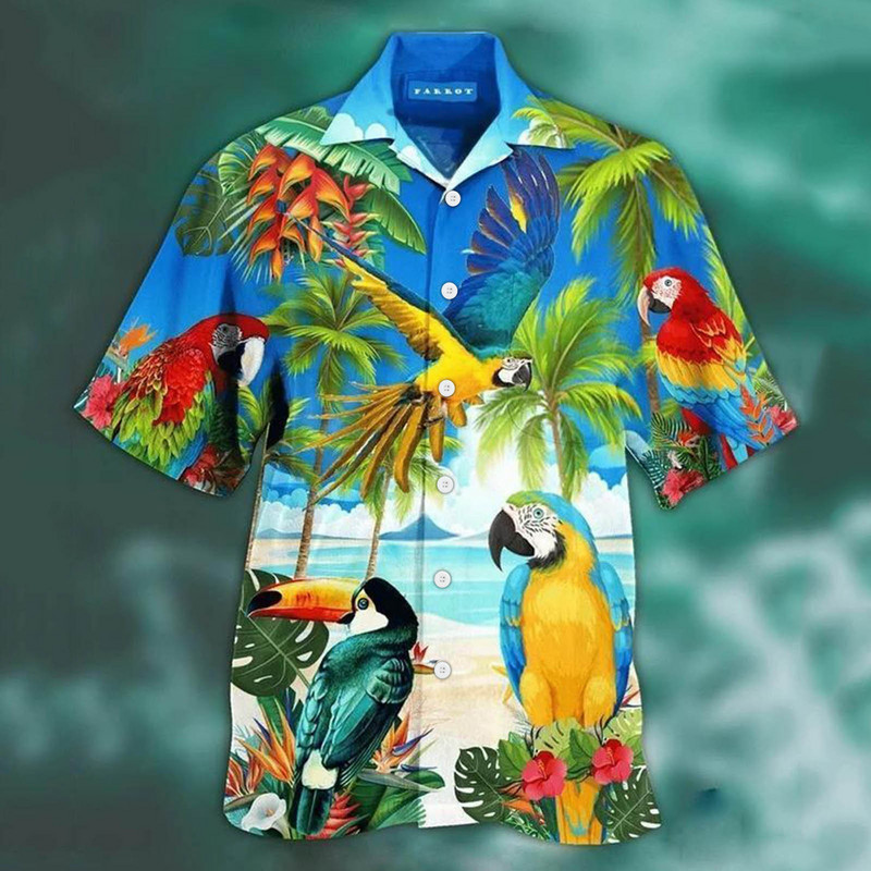 Állatpapagájmintás Patchwork Divat Hawaii Férfi ing Cool Turn Down gallérral Rövid ujjú Utcai ruházat Beach Nyári Chic 2022 3