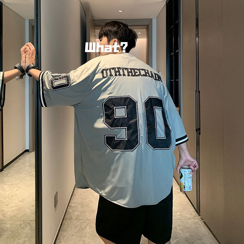 Vyriški marškiniai trumpomis rankovėmis Vintažinės mados gatvės apranga Hip-hop V formos iškirptė Vasariniai beisbolo drabužiai Prašmatnus korėjietiško stiliaus Harajuku laisvalaikis