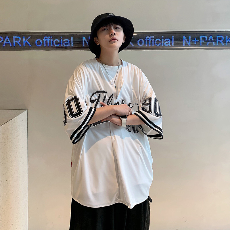 Vyriški marškiniai trumpomis rankovėmis Vintažinės mados gatvės apranga Hip-hop V formos iškirptė Vasariniai beisbolo drabužiai Prašmatnus korėjietiško stiliaus Harajuku laisvalaikis