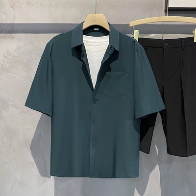 Nyári Cool Férfi Rövid ujjú ing Ránctalanító Egyszínű Divat irodai Alkalmi bő gombos zsebes ing Férfi ruházati felső