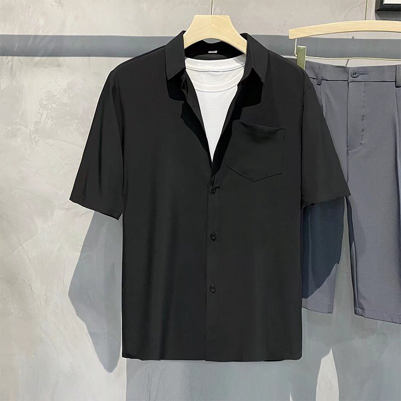 Nyári Cool Férfi Rövid ujjú ing Ránctalanító Egyszínű Divat irodai Alkalmi bő gombos zsebes ing Férfi ruházati felső