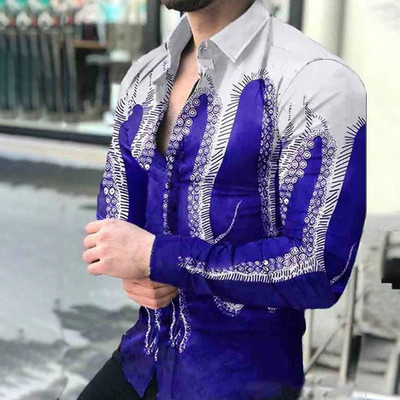 2021. aasta uued geomeetrilise mustriga särgid Meeste moodne lahtikäiva kraega nööpidega särk Meeste sügisene vabaaja pikkade varrukatega kardigan tänavarõivad