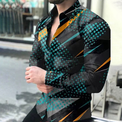 2021. aasta uued geomeetrilise mustriga särgid Meeste moodne lahtikäiva kraega nööpidega särk Meeste sügisene vabaaja pikkade varrukatega kardigan tänavarõivad