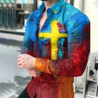 2021. aasta uued geomeetrilise mustriga särgid Meeste moodne lahtikäiva kraega nööpidega särk Meeste sügisene vabaaja pikkade varrukatega kardigan tänavarõivad