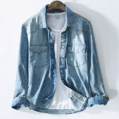 Férfi hosszú ujjú tömör farmer ing divatmárka Klasszikus retro farmer Zsebdekoráció Üzleti ing Tavaszi és őszi felsők