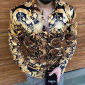 Prabangūs „Royal Golden“ vyriški laisvalaikio marškinėliai ilgomis rankovėmis Vyriški „Paisley Print“ marškinėliai „Camisa Social Masculina Manga Longa“ vakarėlio marškinėliai