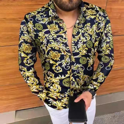 Prabangūs „Royal Golden“ vyriški laisvalaikio marškinėliai ilgomis rankovėmis Vyriški „Paisley Print“ marškinėliai „Camisa Social Masculina Manga Longa“ vakarėlio marškinėliai