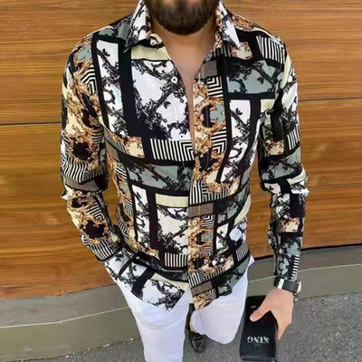 Prabangūs „Royal Golden“ vyriški laisvalaikio marškinėliai ilgomis rankovėmis Vyriški „Paisley Print“ marškinėliai „Camisa Social Masculina Manga Longa“ vakarėlio marškinėliai