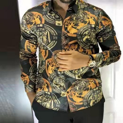 Prabangūs „Royal Golden“ vyriški laisvalaikio marškinėliai ilgomis rankovėmis Vyriški „Paisley Print“ marškinėliai „Camisa Social Masculina Manga Longa“ vakarėlio marškinėliai