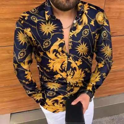 Prabangūs „Royal Golden“ vyriški laisvalaikio marškinėliai ilgomis rankovėmis Vyriški „Paisley Print“ marškinėliai „Camisa Social Masculina Manga Longa“ vakarėlio marškinėliai