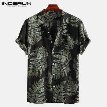 INCERUN Мъжка риза с щампа с ревери и къси ръкави, флорална риза с шарка на тропически листа Ежедневни летни хавайски празнични топове Camisa S-5XL