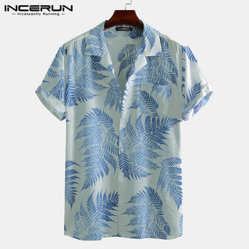 INCERUN Мъжка риза с щампа с ревери и къси ръкави, флорална риза с шарка на тропически листа Ежедневни летни хавайски празнични топове Camisa S-5XL