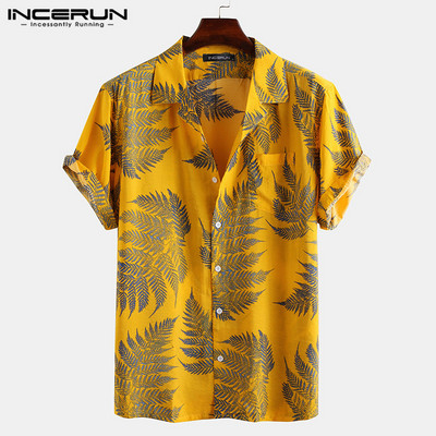 INCERUN Ανδρικό κοντομάνικο πέτο πουκάμισο με στάμπα με τροπικό μοτίβο λουλουδάτο πουκάμισο Casual καλοκαιρινό καλοκαιρινό χαβανέζικο μπλουζάκι Camisa S-5XL