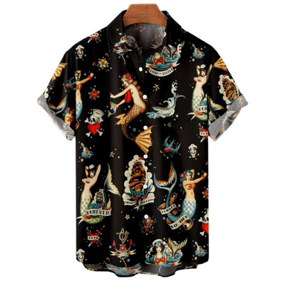 Havajų marškiniai vyrams Mermaid Print Beach trumpomis rankovėmis Palaidinė 2022 m. Nauji dideli marškiniai Vyriški dizainerio drabužiai Aukštos kokybės