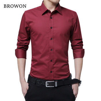BROWON Мъжка модна блуза, риза с дълъг ръкав, бизнес социална риза, едноцветна работна блуза с деколте, големи размери, маркови дрехи
