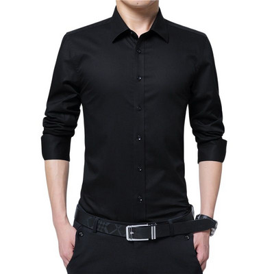 BROWON Мъжка модна блуза, риза с дълъг ръкав, бизнес социална риза, едноцветна работна блуза с деколте, големи размери, маркови дрехи