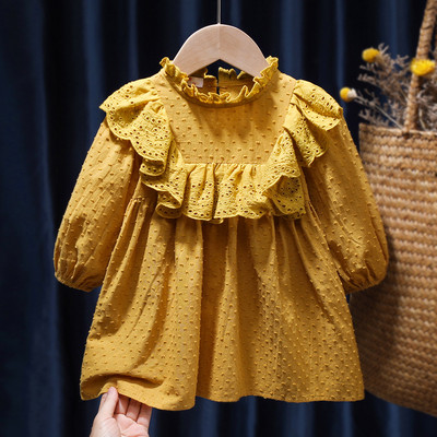 Kislányruha Alkalmi kockás ruhák 2022-es nyár új koreai pamutvászon lányok hercegnői ruha, nagy, lehajtható galléros ruha