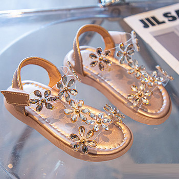 2022 Летни сандали за момичета Обувки за принцеса с цветя и кристали Детски модни плажни обувки със кристали Детски обувки с каишка на глезена против плъзгане