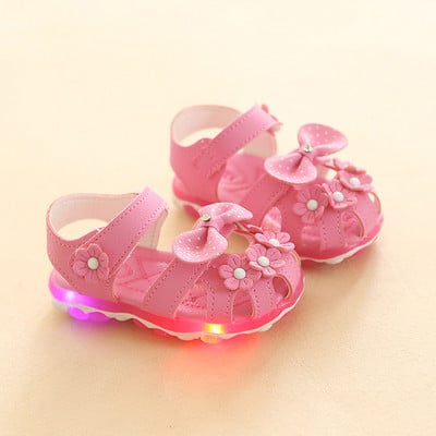 Väikelaste tüdrukute suvesandaalid Uus LED tuledega Tüdrukute sandaalid lilledega vibu helendavad kerged, hingavad laste jalatsid