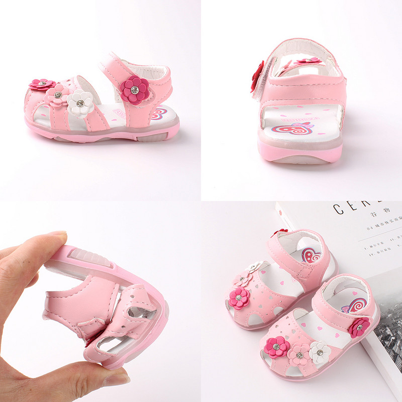 Väikelaste tüdrukute suvesandaalid Uus LED tuledega Tüdrukute sandaalid lilledega vibu helendavad kerged, hingavad laste jalatsid