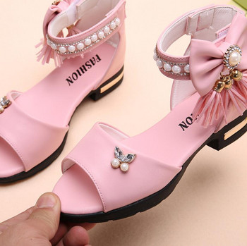 Детски сандали с панделка Детски момичета Летни сладки сандали Плажни сандали 2021 Мода на принцеса Ученически обувки с пискюли на висок ток