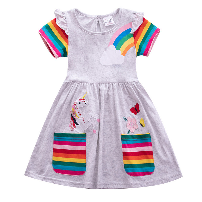 Rochie unicorn cu mâneci scurte pentru fetiță rochie de desene animate ponei rochie din bumbac brodat imprimat cu gât rotund pentru fete copii rochie de vară