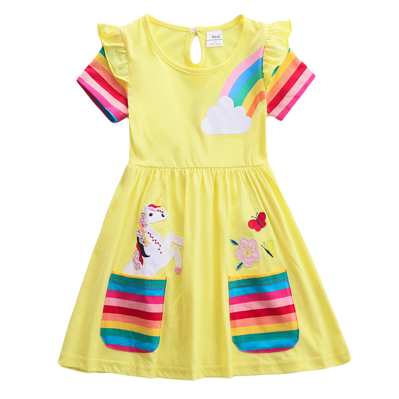 Rochie unicorn cu mâneci scurte pentru fetiță rochie de desene animate ponei rochie din bumbac brodat imprimat cu gât rotund pentru fete copii rochie de vară
