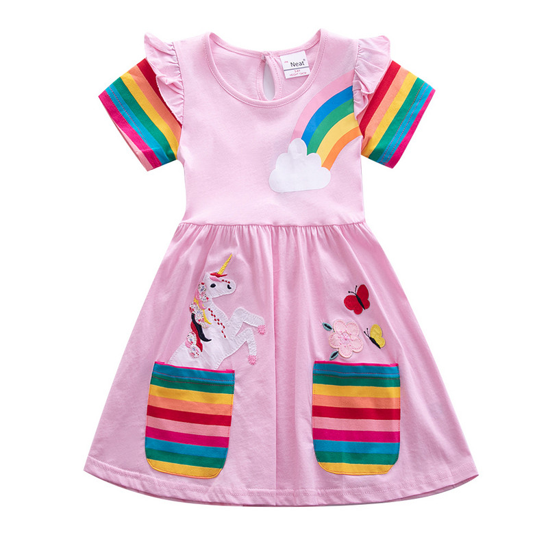Rochie unicorn cu mâneci scurte pentru fetiță rochie de desene animate ponei rochie din bumbac brodat imprimat cu gât rotund pentru fete copii rochie de vară