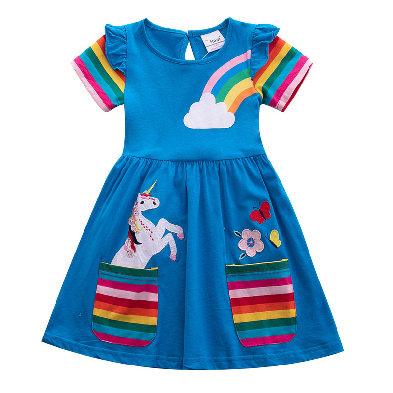 Rochie unicorn cu mâneci scurte pentru fetiță rochie de desene animate ponei rochie din bumbac brodat imprimat cu gât rotund pentru fete copii rochie de vară