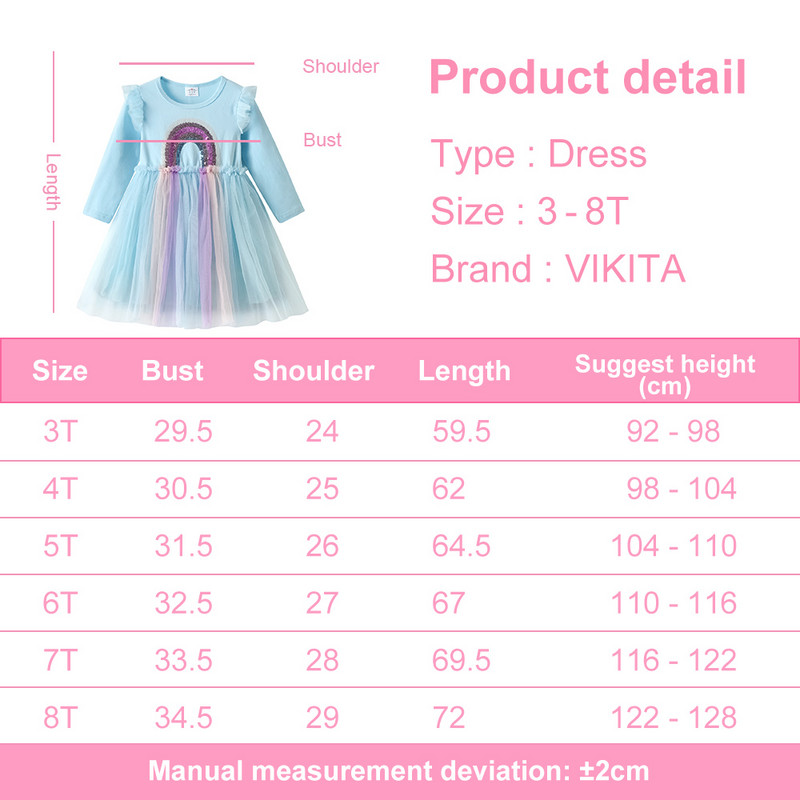 VIKITA mergaičių blizgučiais puošta princesė suknelė Rainbow išleistuvių suknelė vaikams rudens vaikams Vestidos ilgomis rankovėmis mergaičių suknelės laisvalaikiui