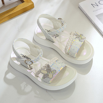 Сандали за момичета 2022 Лято Нова сладка принцеса Детски модни принцеси Едноцветни детски меки PU кристали Парти обувки с блясък на цветя
