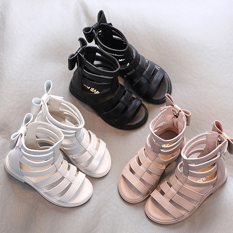 Mergaičių sandalai 2022 m. Vasaros vaikams Gladiator Sandalai Batai Atgal Bow Roma Batai Siaura juosta Princesės Batai Vaikams Baby Black Begie