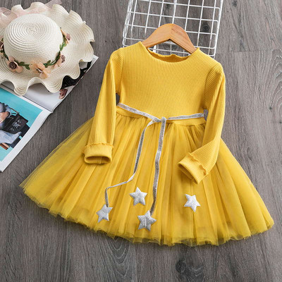 Rochie cu mâneci lungi pentru fetițe, cu paiete, rochie de prințesă de petrecere cu stea, îmbrăcăminte ocazională pentru copii, haine zilnice de iarnă, rochie infantilă