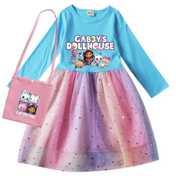 Gabby Dollhouse Cats Dress Kids Wedding Party Sequin Dress Baby girls μακρυμάνικα φορέματα με μικρή τσάντα Δώρα γενεθλίων Vestidos