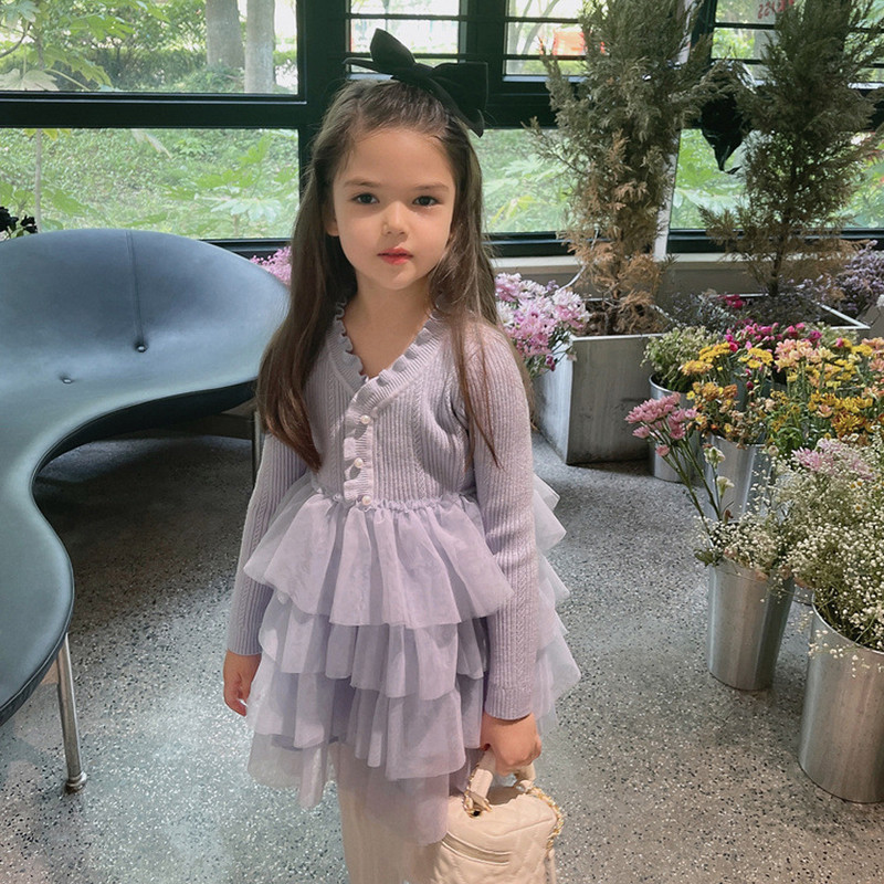 Lányok téli ruha hosszú ujjú vastag kötött pulóver A vonalú réteges ruha 3-8T gyermekruházat lila lányok újévi ruha