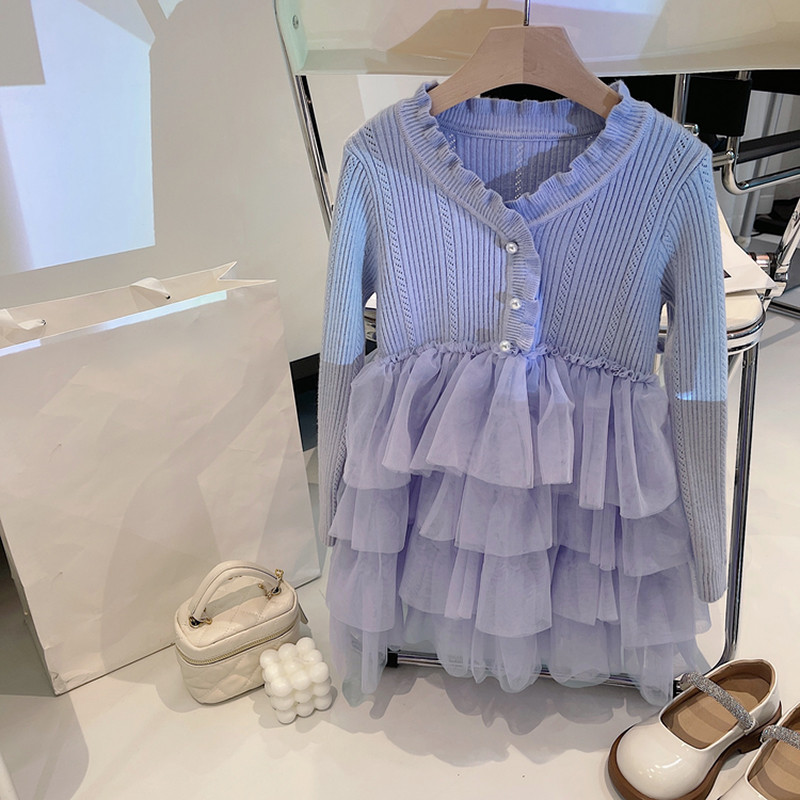 Lányok téli ruha hosszú ujjú vastag kötött pulóver A vonalú réteges ruha 3-8T gyermekruházat lila lányok újévi ruha