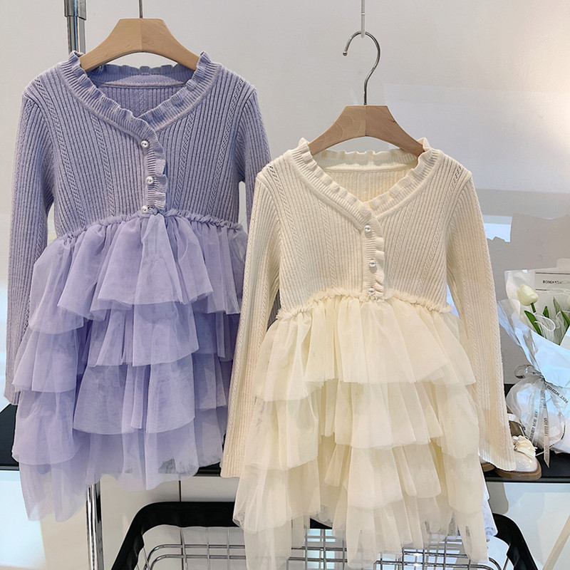 Lányok téli ruha hosszú ujjú vastag kötött pulóver A vonalú réteges ruha 3-8T gyermekruházat lila lányok újévi ruha
